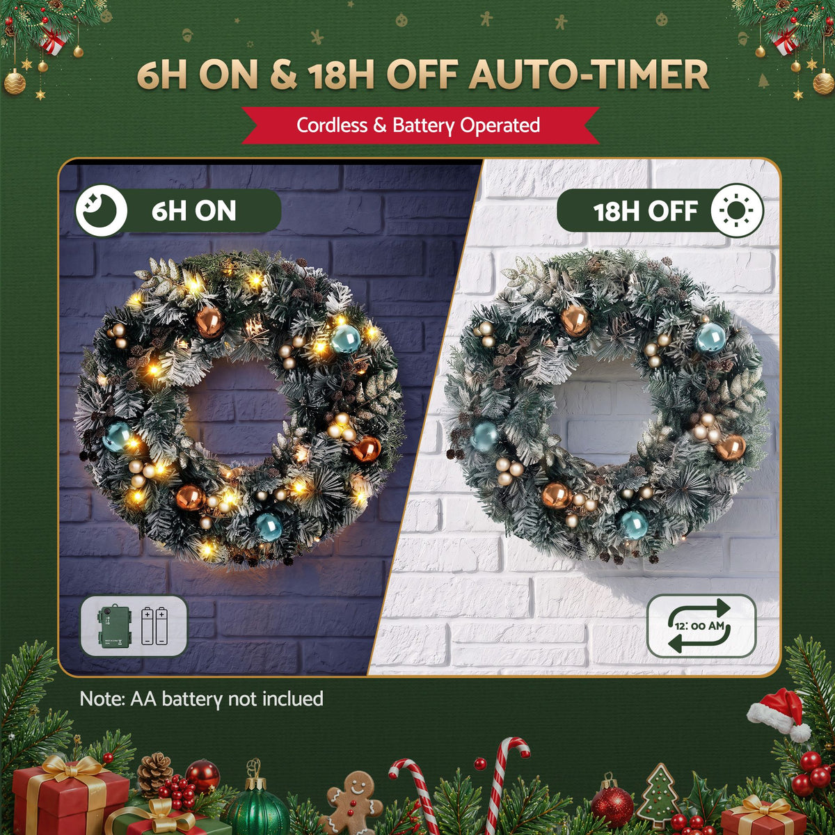Christmas Wreath 60CM with LED Lights Snowy Garland for Xmas Decor