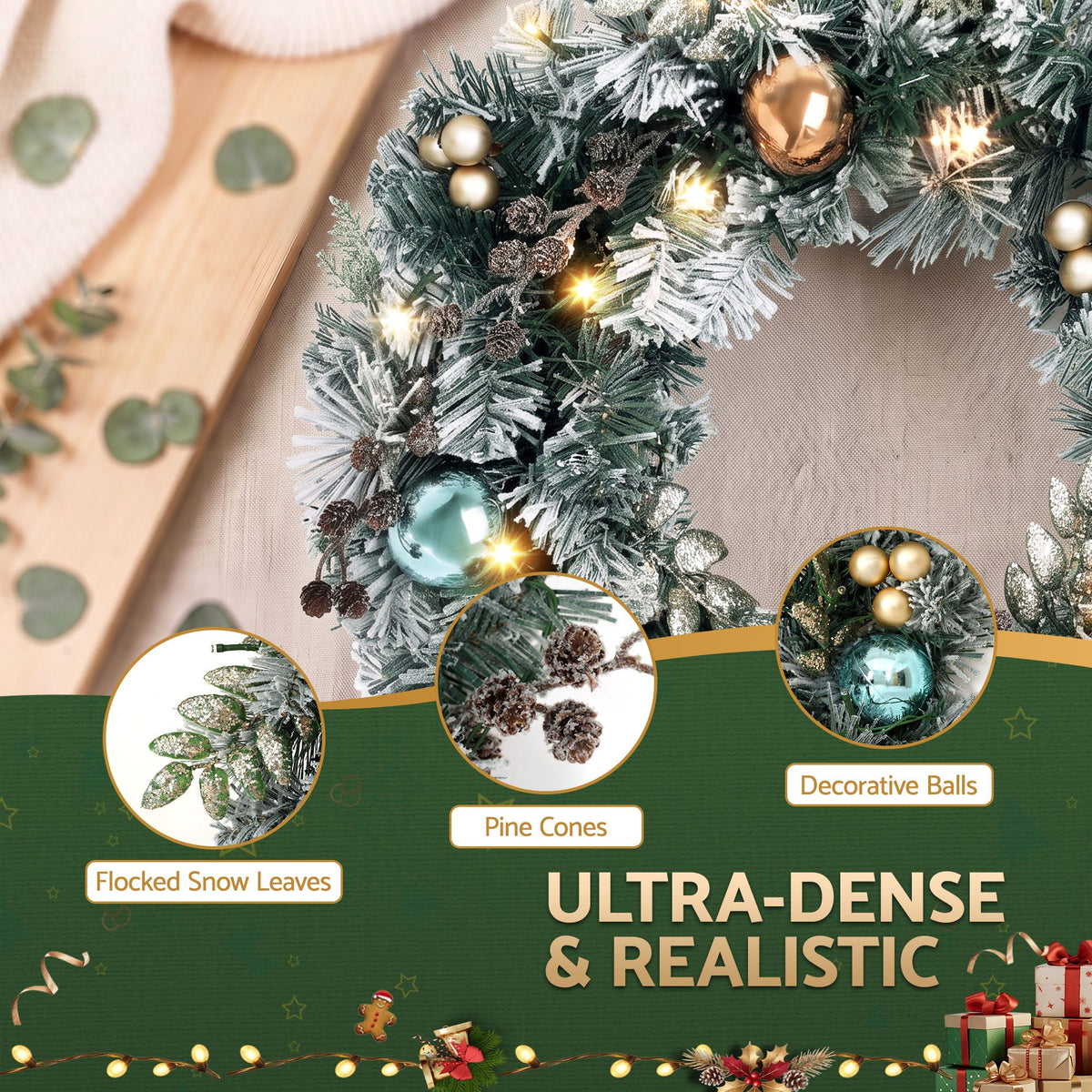 Christmas Wreath 60CM with LED Lights Snowy Garland for Xmas Decor