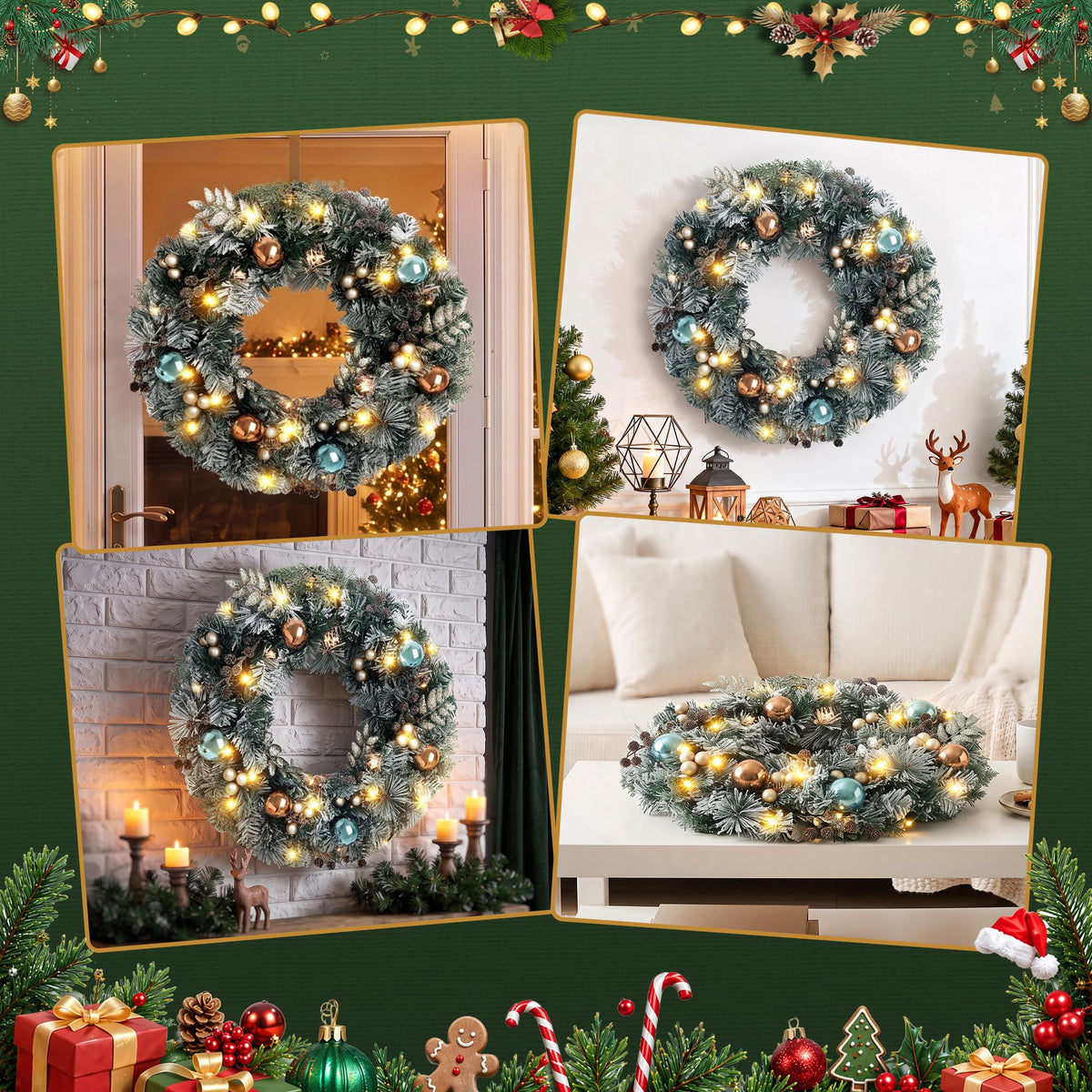 Christmas Wreath 60CM with LED Lights Snowy Garland for Xmas Decor