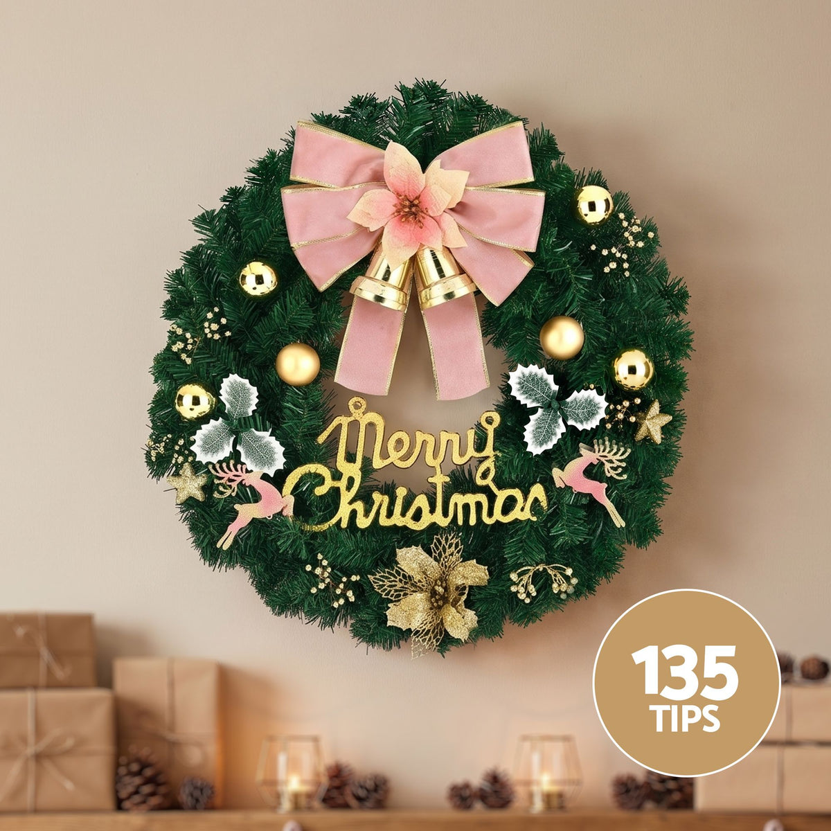 Christmas Wreath 60CM Garland with Flowers and Baubles Party Decorations