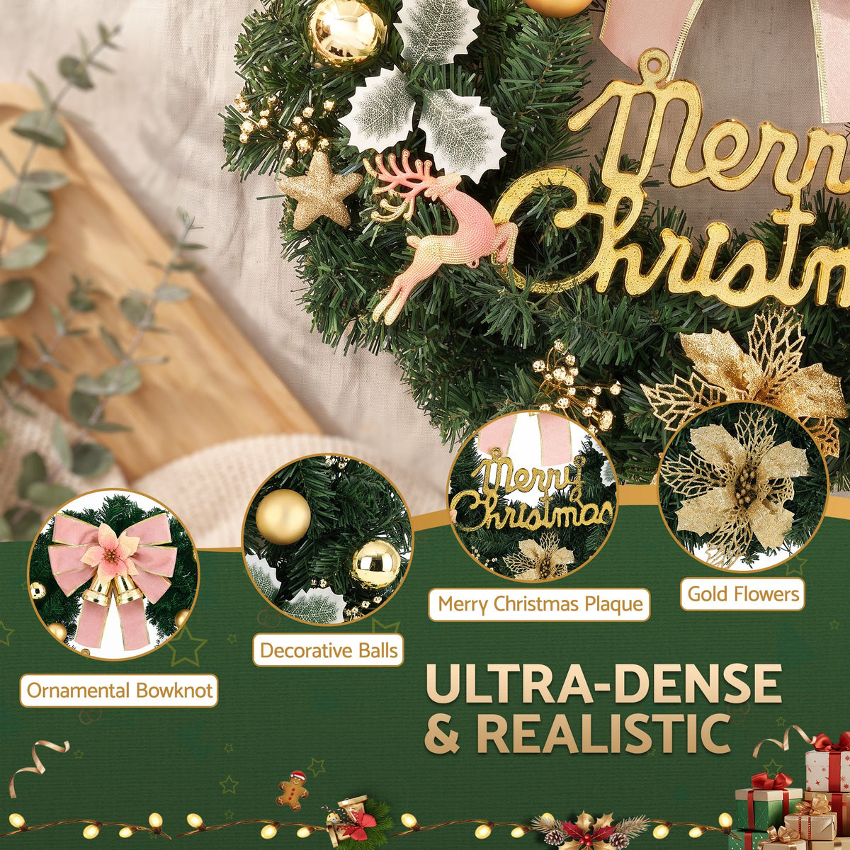 Christmas Wreath 60CM Garland with Flowers and Baubles Party Decorations