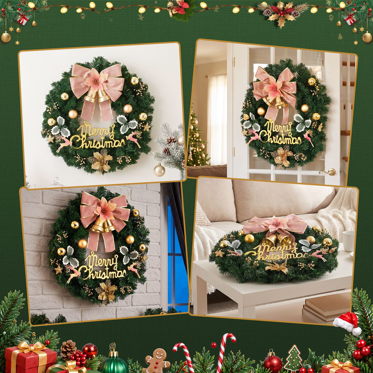 Christmas Wreath 60CM Garland with Flowers and Baubles Party Decorations