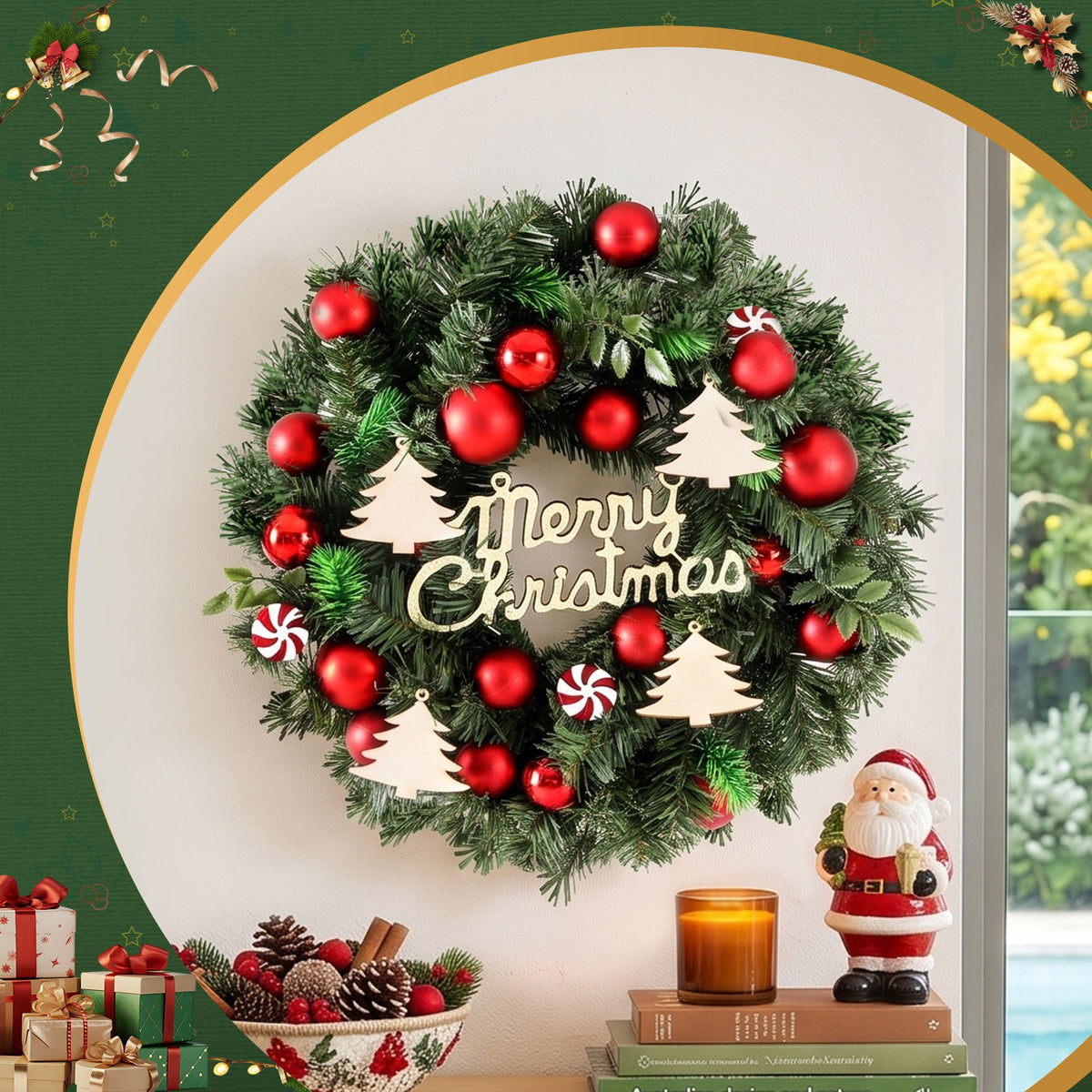 Christmas Wreath 40CM Xmas Garland with Baubles & Ornaments - Party Decor