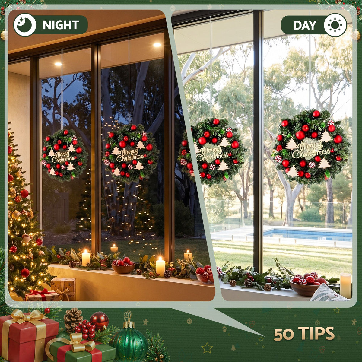 Christmas Wreath 40CM Xmas Garland with Baubles & Ornaments - Party Decor