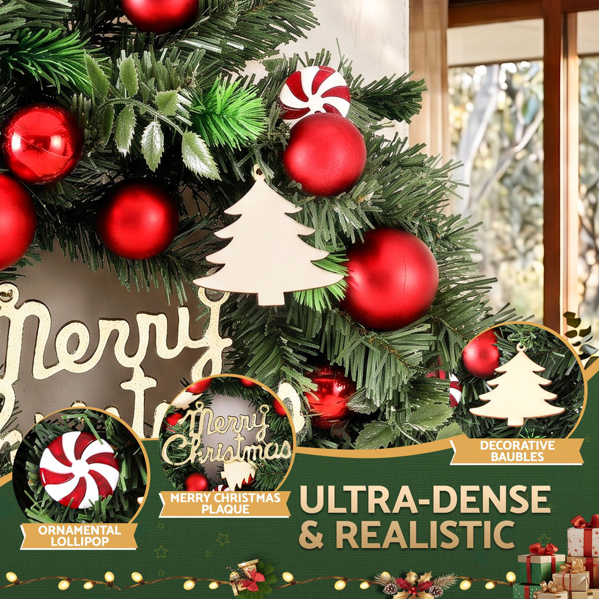Christmas Wreath 40CM Xmas Garland with Baubles & Ornaments - Party Decor