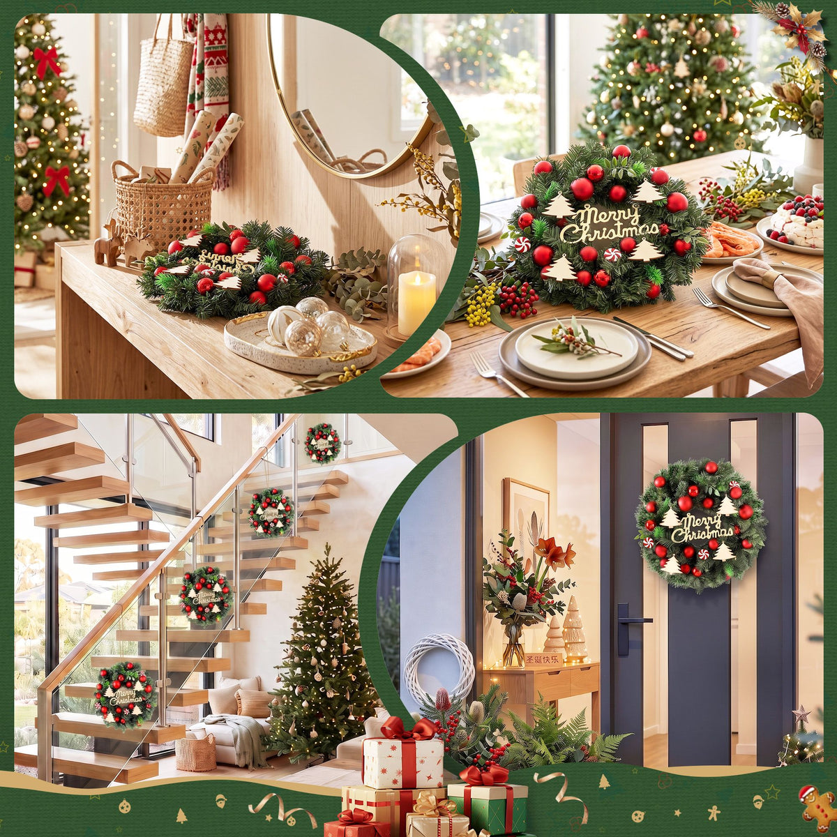 Christmas Wreath 40CM Xmas Garland with Baubles & Ornaments - Party Decor