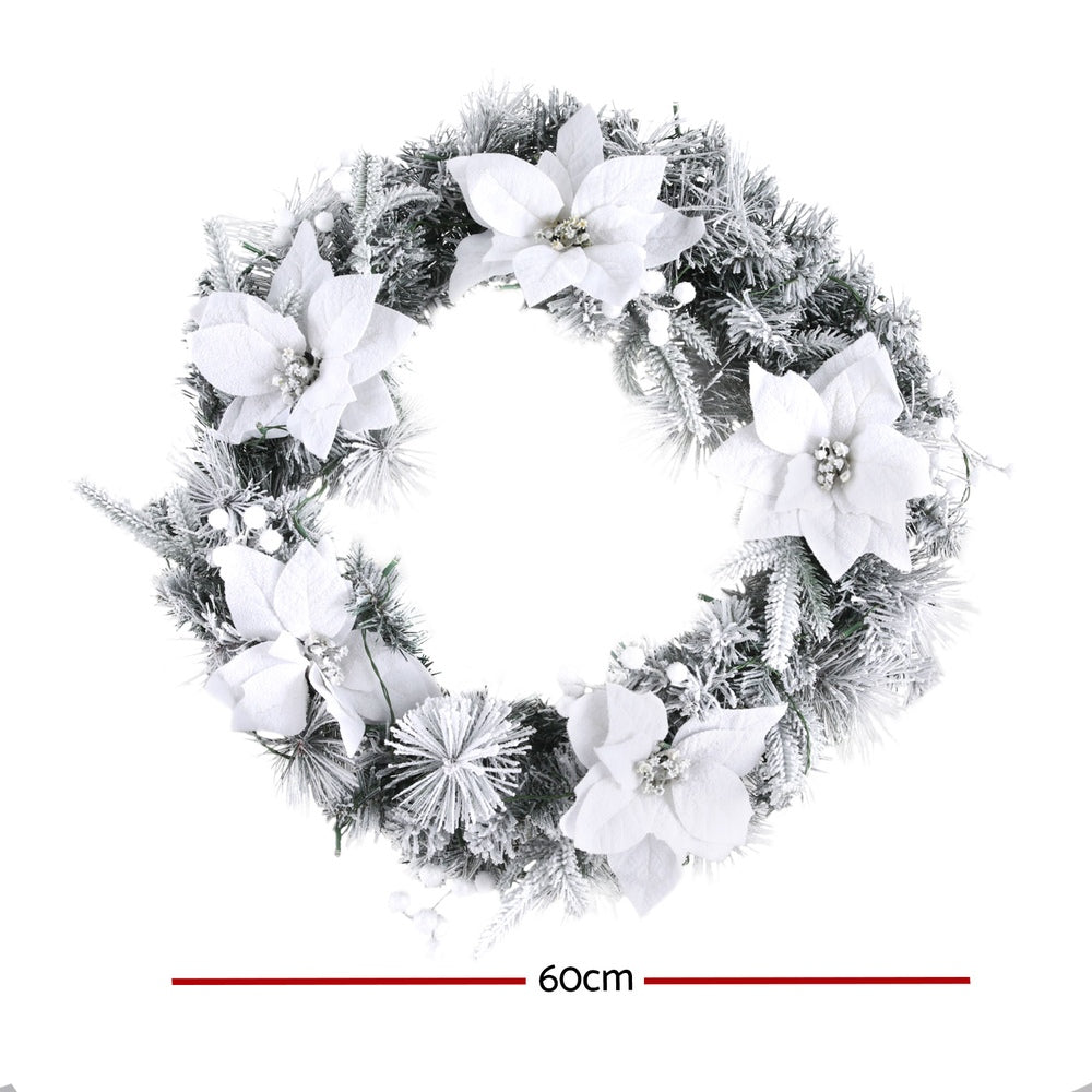 Christmas Wreath 60cm LED Lights Snowy Flowers Garland Party Decor