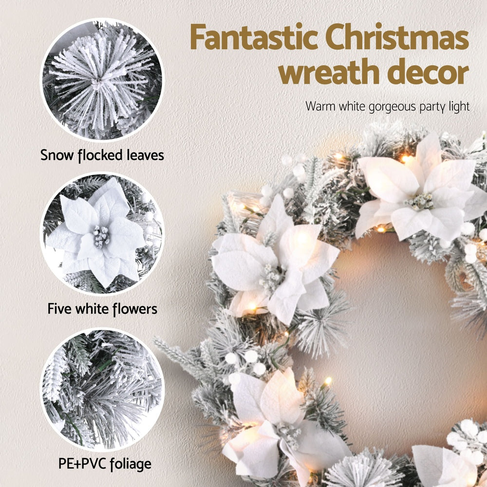 Christmas Wreath 60cm LED Lights Snowy Flowers Garland Party Decor