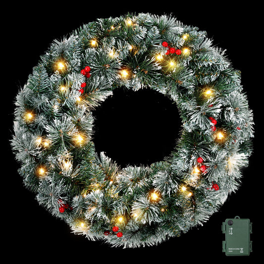 Christmas Wreath 60CM LED Lights Snowy Berries Garland - Party Decor