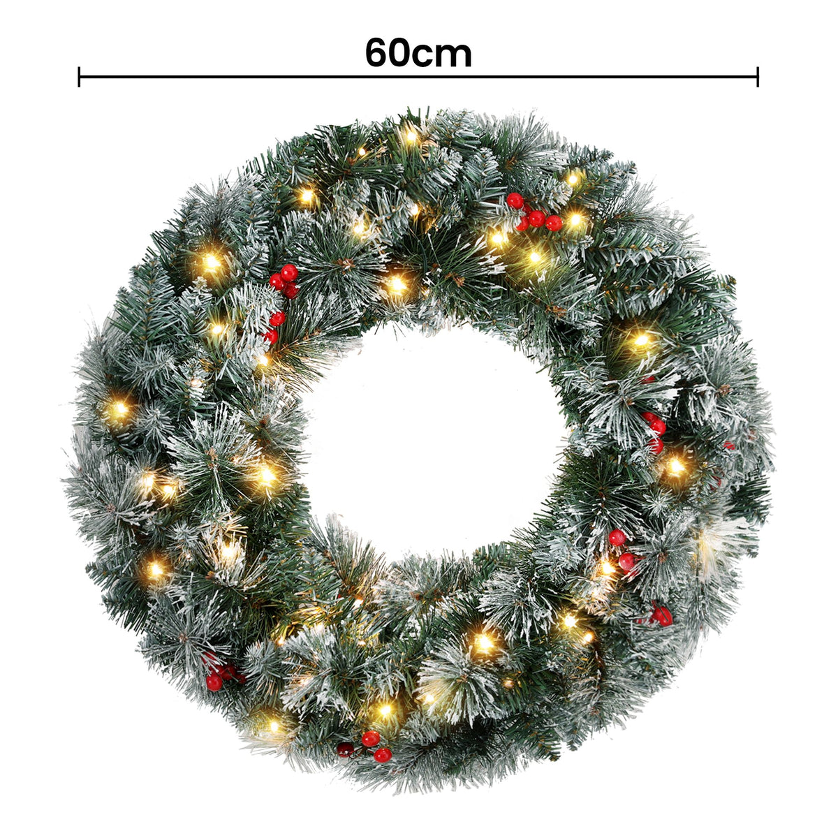 Christmas Wreath 60CM LED Lights Snowy Berries Garland - Party Decor