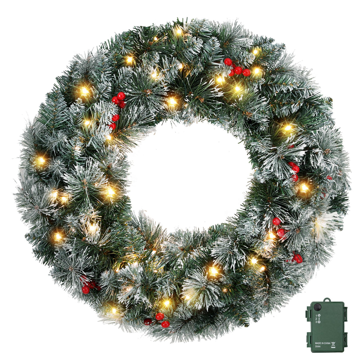 Christmas Wreath 60CM LED Lights Snowy Berries Garland - Party Decor