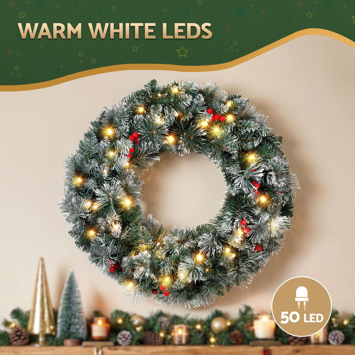 Christmas Wreath 60CM LED Lights Snowy Berries Garland - Party Decor
