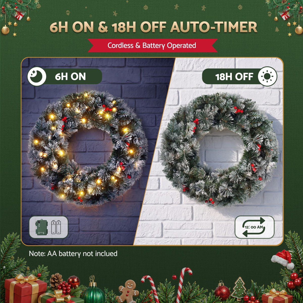 Christmas Wreath 60CM LED Lights Snowy Berries Garland - Party Decor