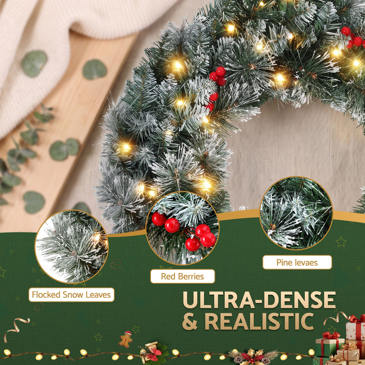 Christmas Wreath 60CM LED Lights Snowy Berries Garland - Party Decor