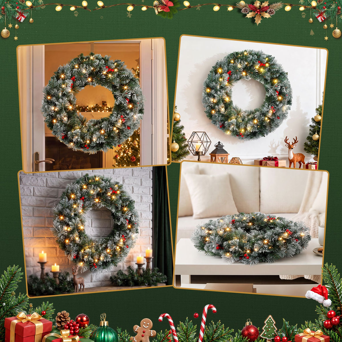 Christmas Wreath 60CM LED Lights Snowy Berries Garland - Party Decor