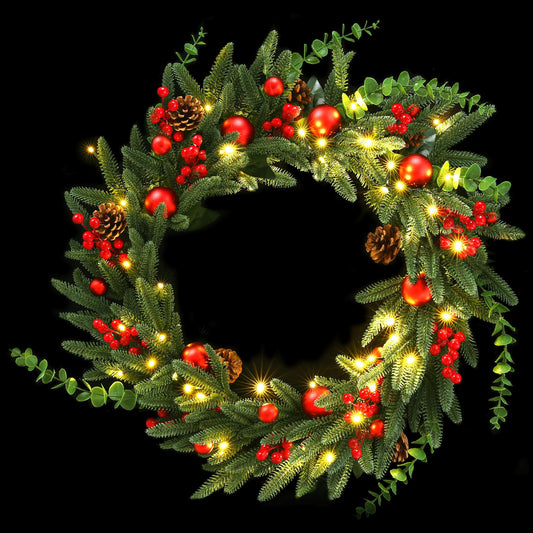 Jingle Jollys Christmas Wreath 60CM LED Garland Berries Pine Cones Party Decor