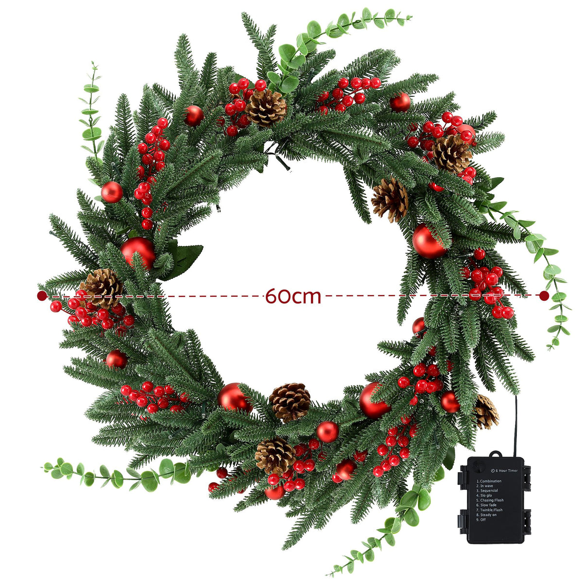 Jingle Jollys Christmas Wreath 60CM LED Garland Berries Pine Cones Party Decor