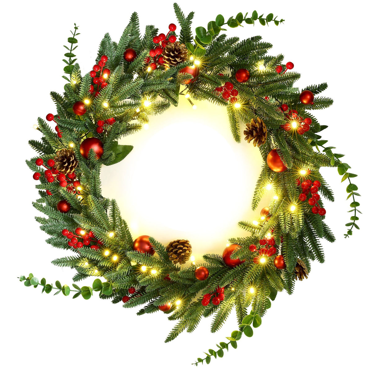 Jingle Jollys Christmas Wreath 60CM LED Garland Berries Pine Cones Party Decor