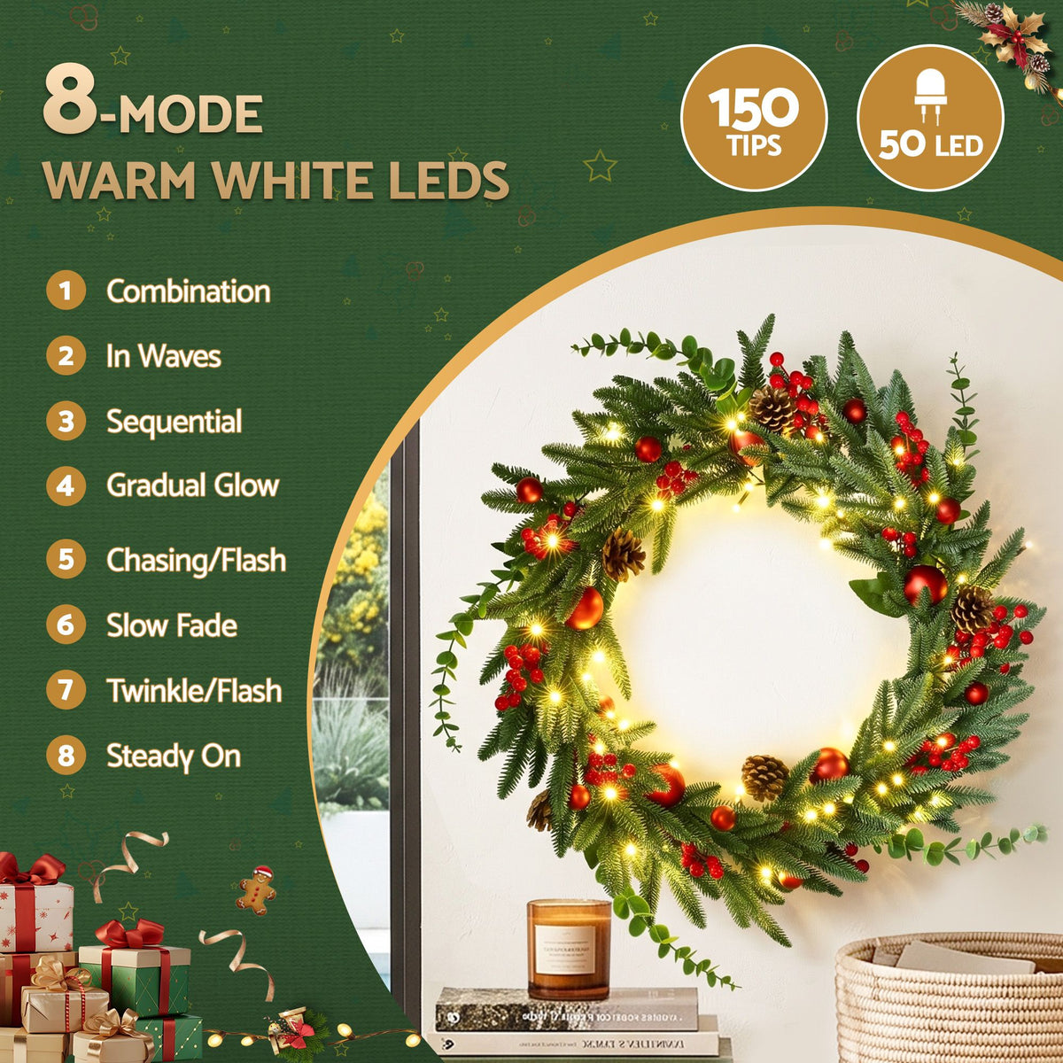 Jingle Jollys Christmas Wreath 60CM LED Garland Berries Pine Cones Party Decor