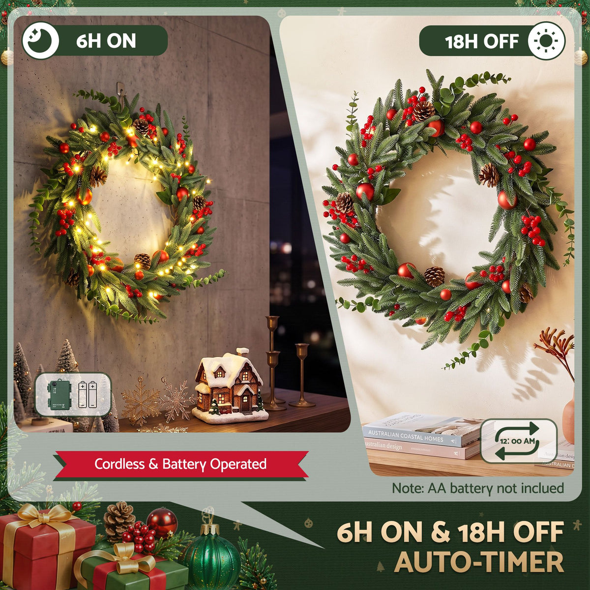 Jingle Jollys Christmas Wreath 60CM LED Garland Berries Pine Cones Party Decor