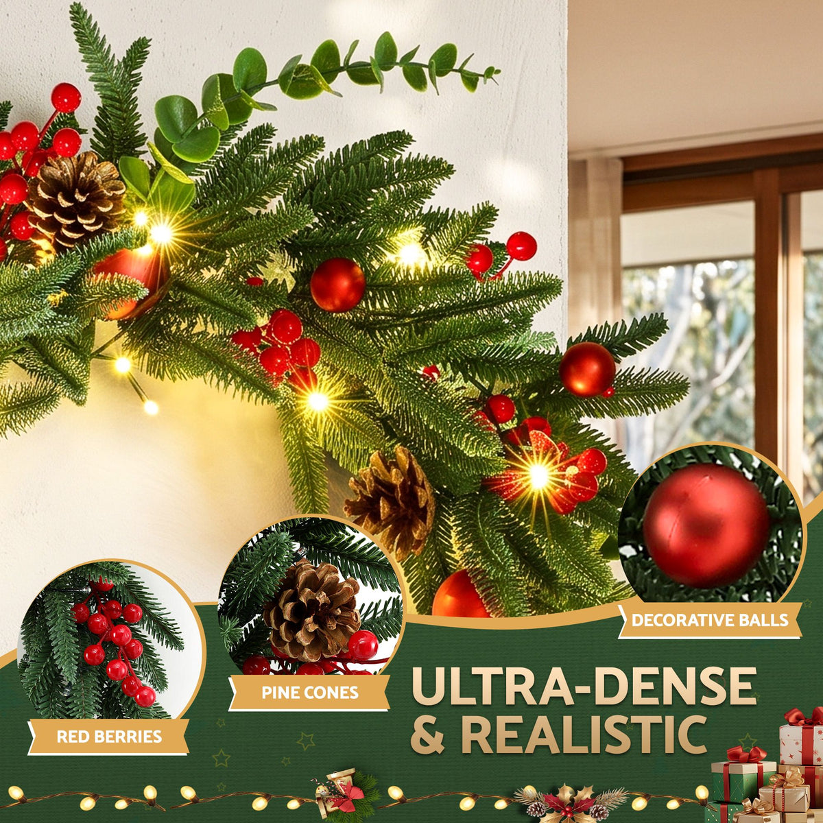 Jingle Jollys Christmas Wreath 60CM LED Garland Berries Pine Cones Party Decor