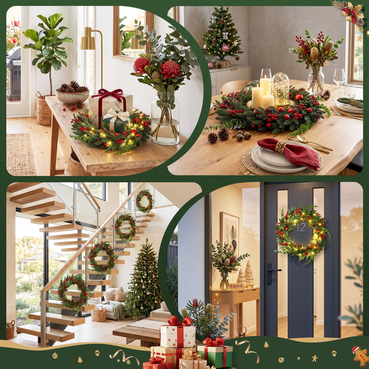 Jingle Jollys Christmas Wreath 60CM LED Garland Berries Pine Cones Party Decor