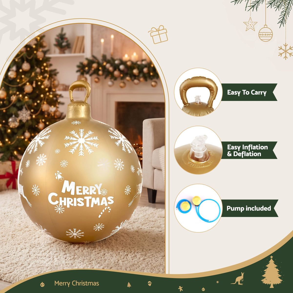 Christmas Inflatable Ball 60cm Decoration Giant Bauble - Gold