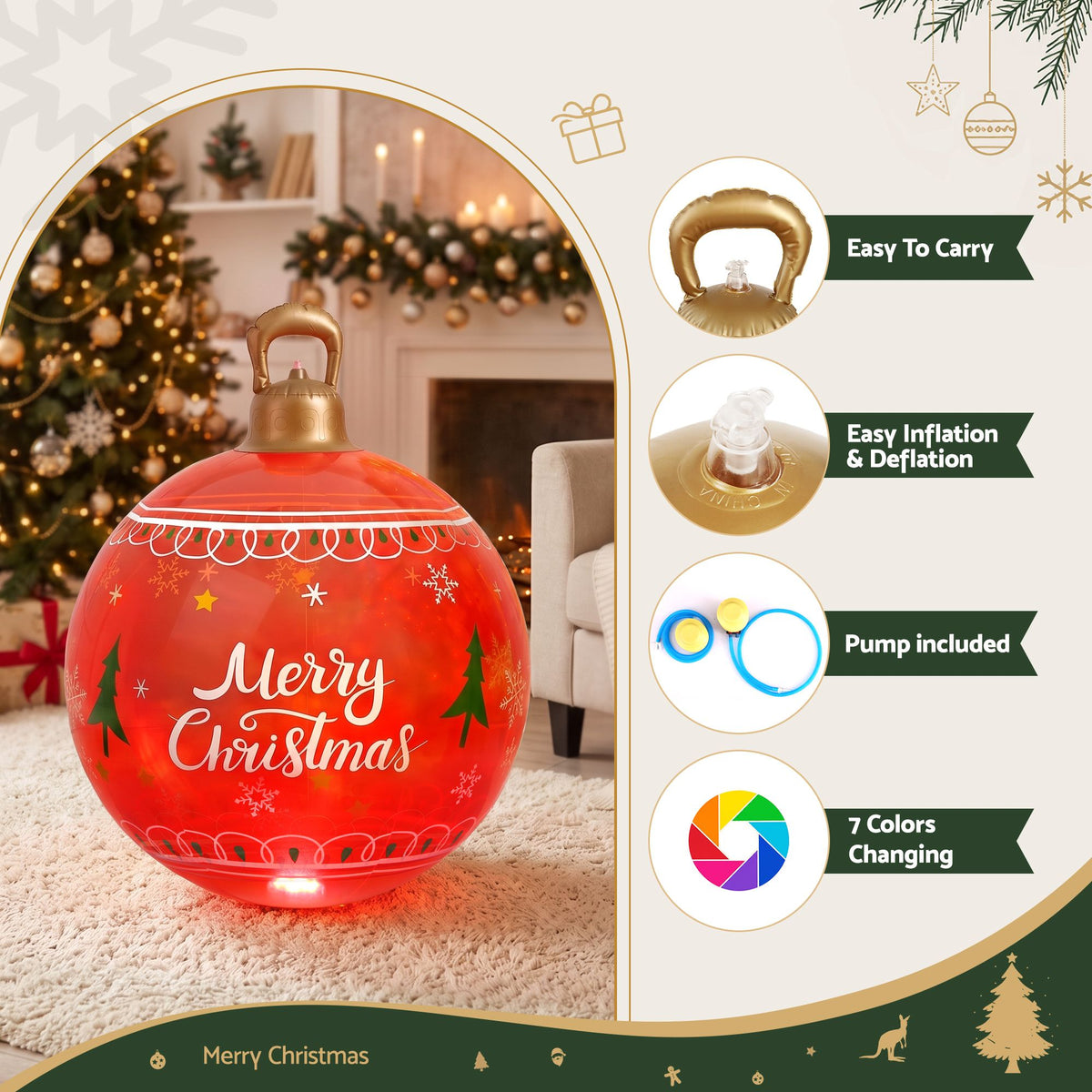 Christmas Inflatable Ball 60cm LED Illuminated Xmas Decoration - Red