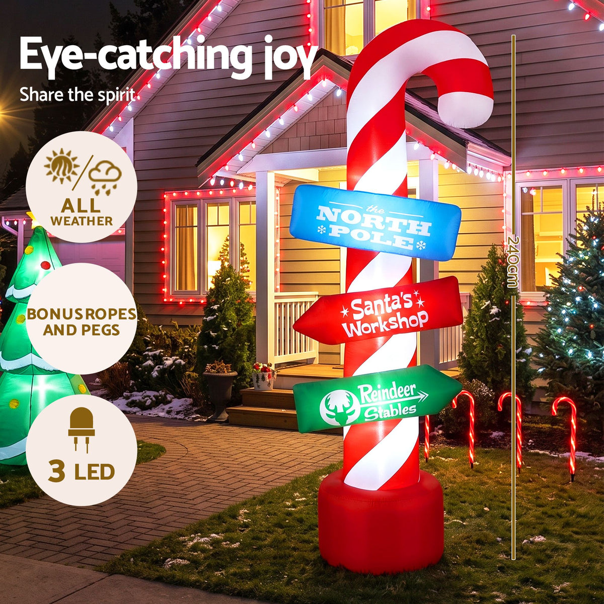 Christmas Inflatable Santa Guide Candy Pole 2.4M - Xmas Decor LED