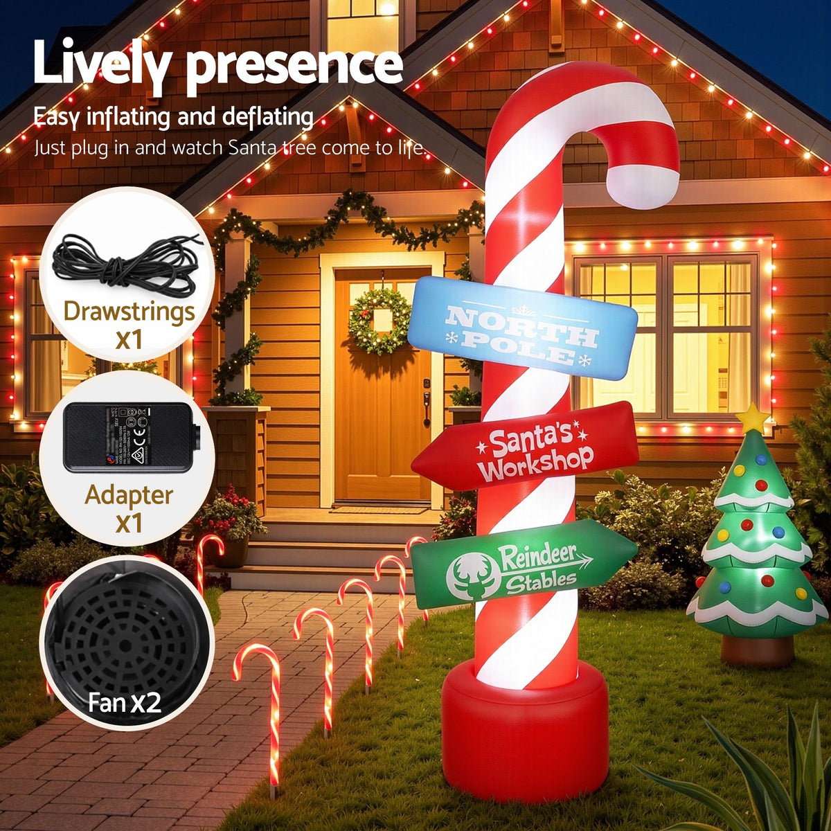Christmas Inflatable Santa Guide Candy Pole 2.4M - Xmas Decor LED