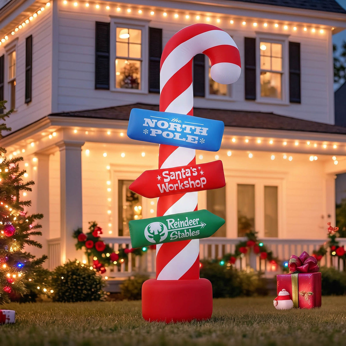 Christmas Inflatable Santa Guide Candy Pole 2.4M - Xmas Decor LED
