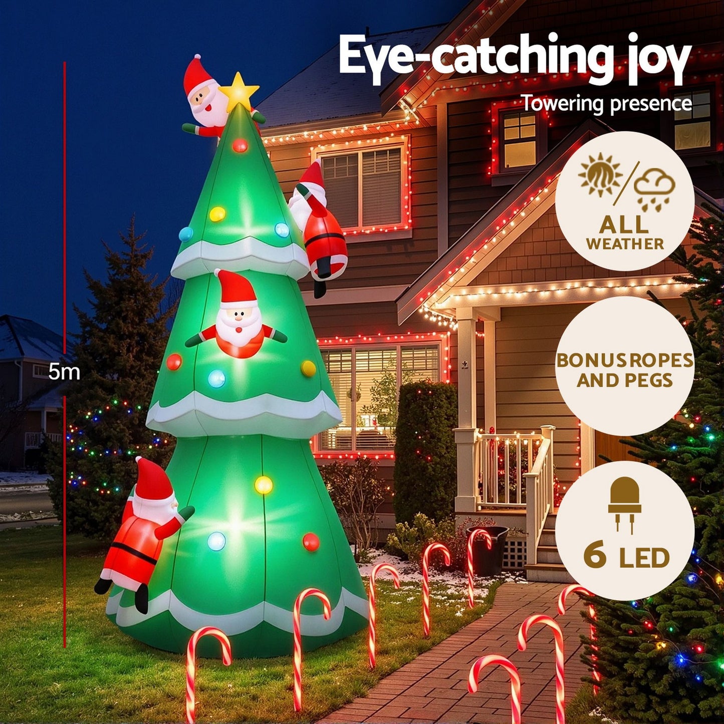 Christmas Inflatable Santa on Christmas Tree 5M Xmas Decor LED