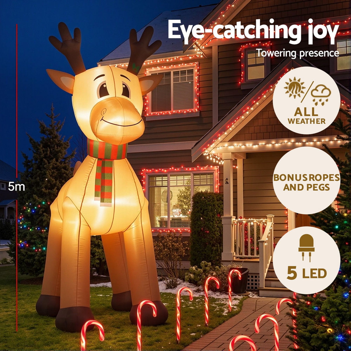 Christmas Inflatable Reindeer 5M Giant Deer Outdoor Air-Powered Light