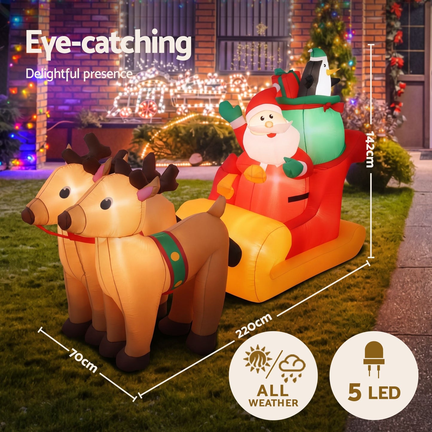 Christmas Inflatable Santa Sleigh Ride Reindeer Deer - 2.2M Decor