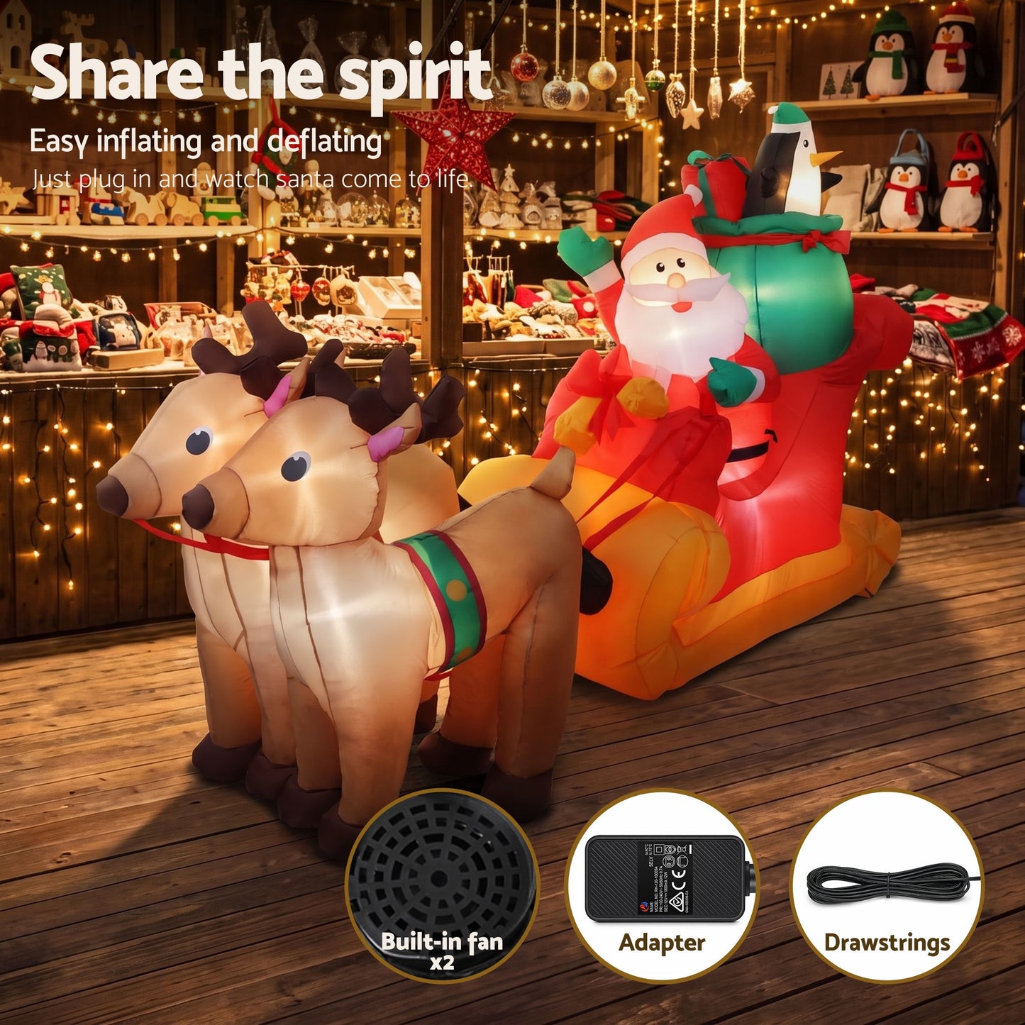 Christmas Inflatable Santa Sleigh Ride Reindeer Deer - 2.2M Decor
