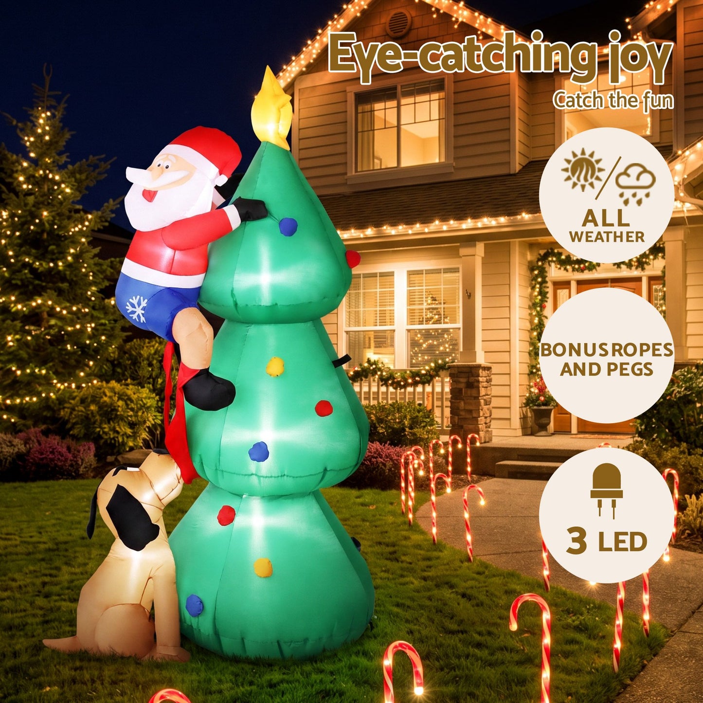 Christmas Inflatable Santa on Tree - 1.8M Xmas Decor with Lights