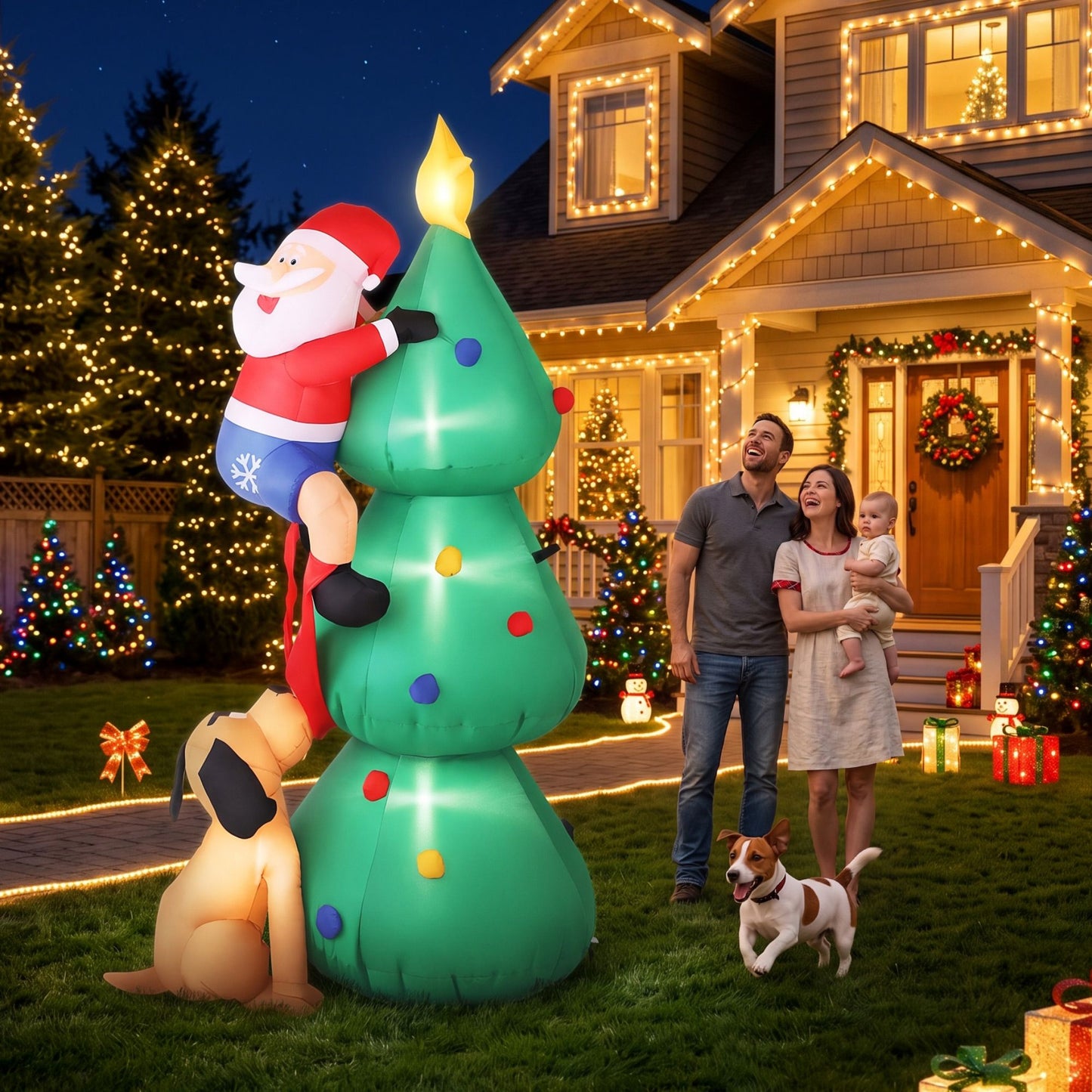 Christmas Inflatable Santa on Tree - 1.8M Xmas Decor with Lights