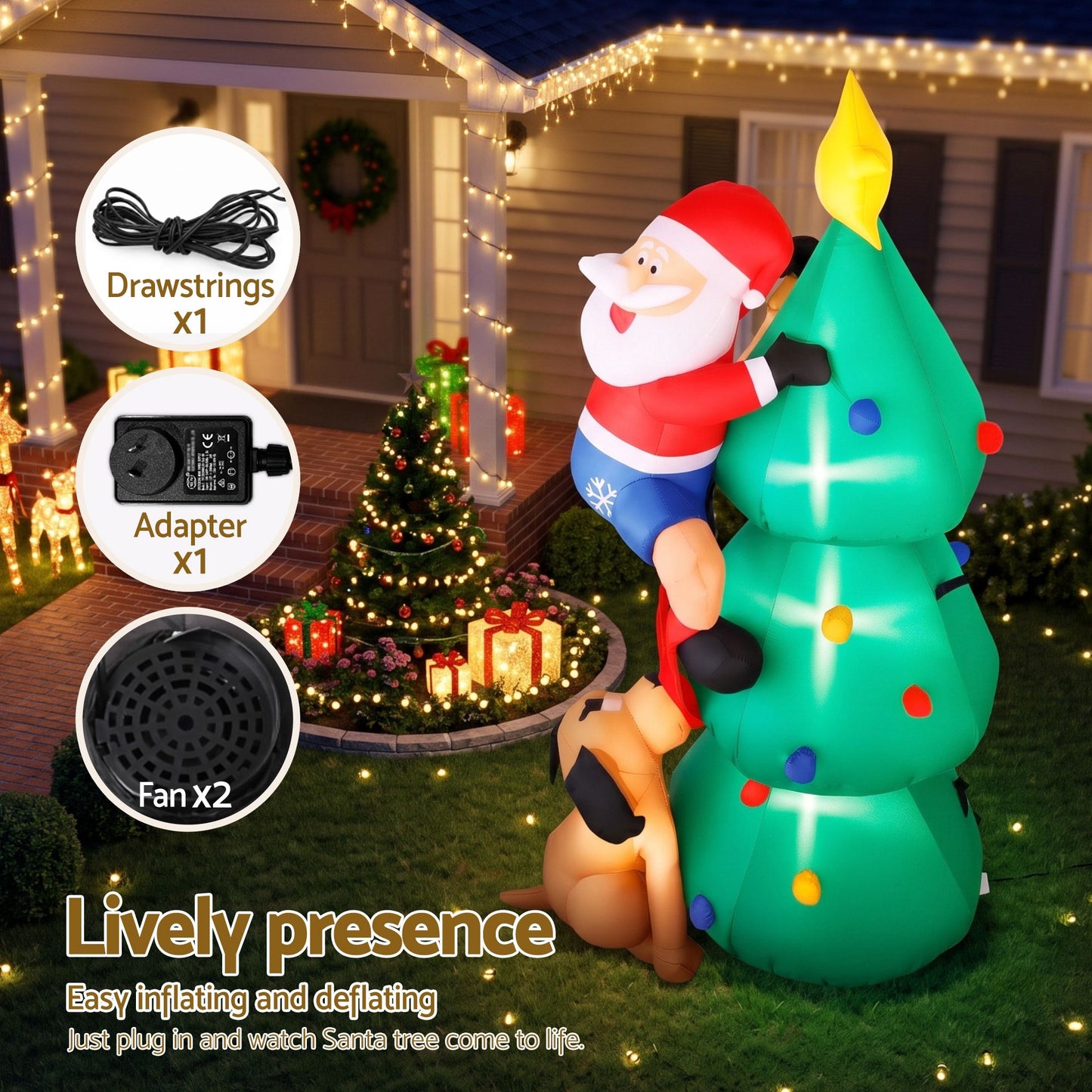 Christmas Inflatable Santa on Tree - 1.8M Xmas Decor with Lights