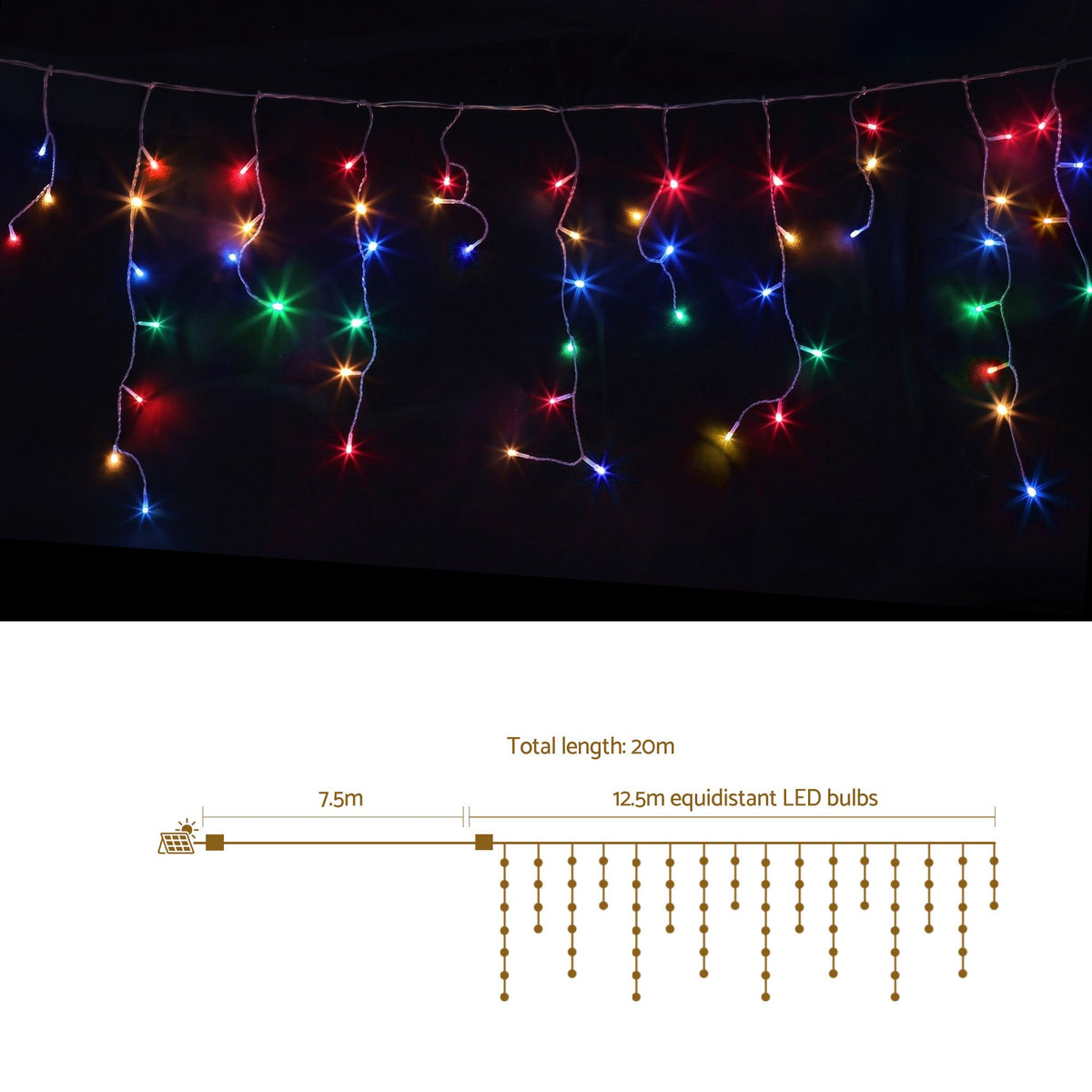 Christmas Icicle Lights 500 LED Solar Powered 20M Outdoor Fairy String - Multicolour