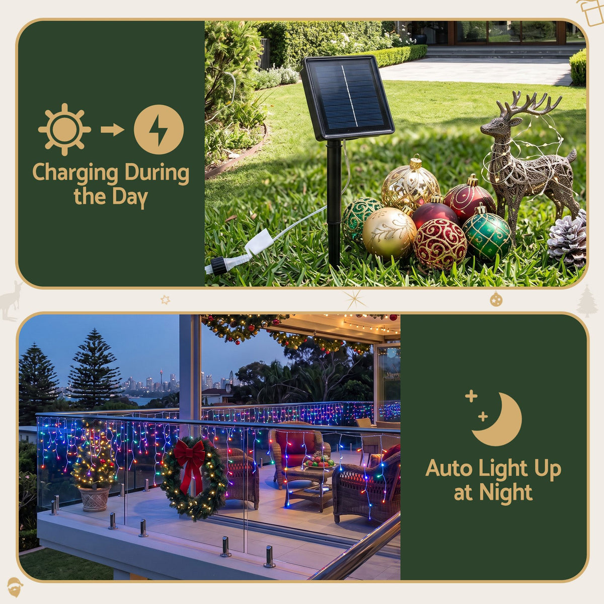 Christmas Icicle Lights 500 LED Solar Powered 20M Outdoor Fairy String - Multicolour