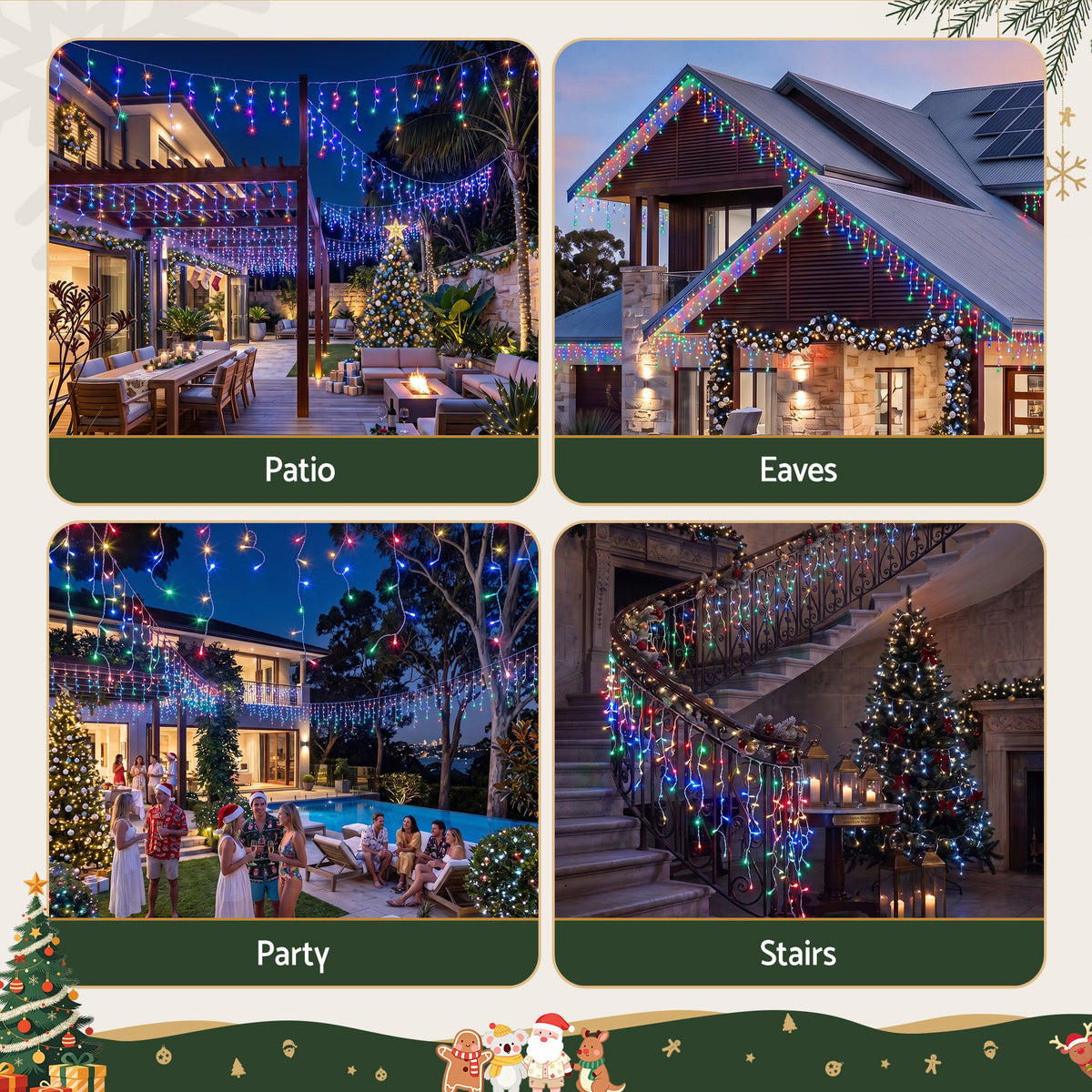 Christmas Icicle Lights 500 LED Solar Powered 20M Outdoor Fairy String - Multicolour