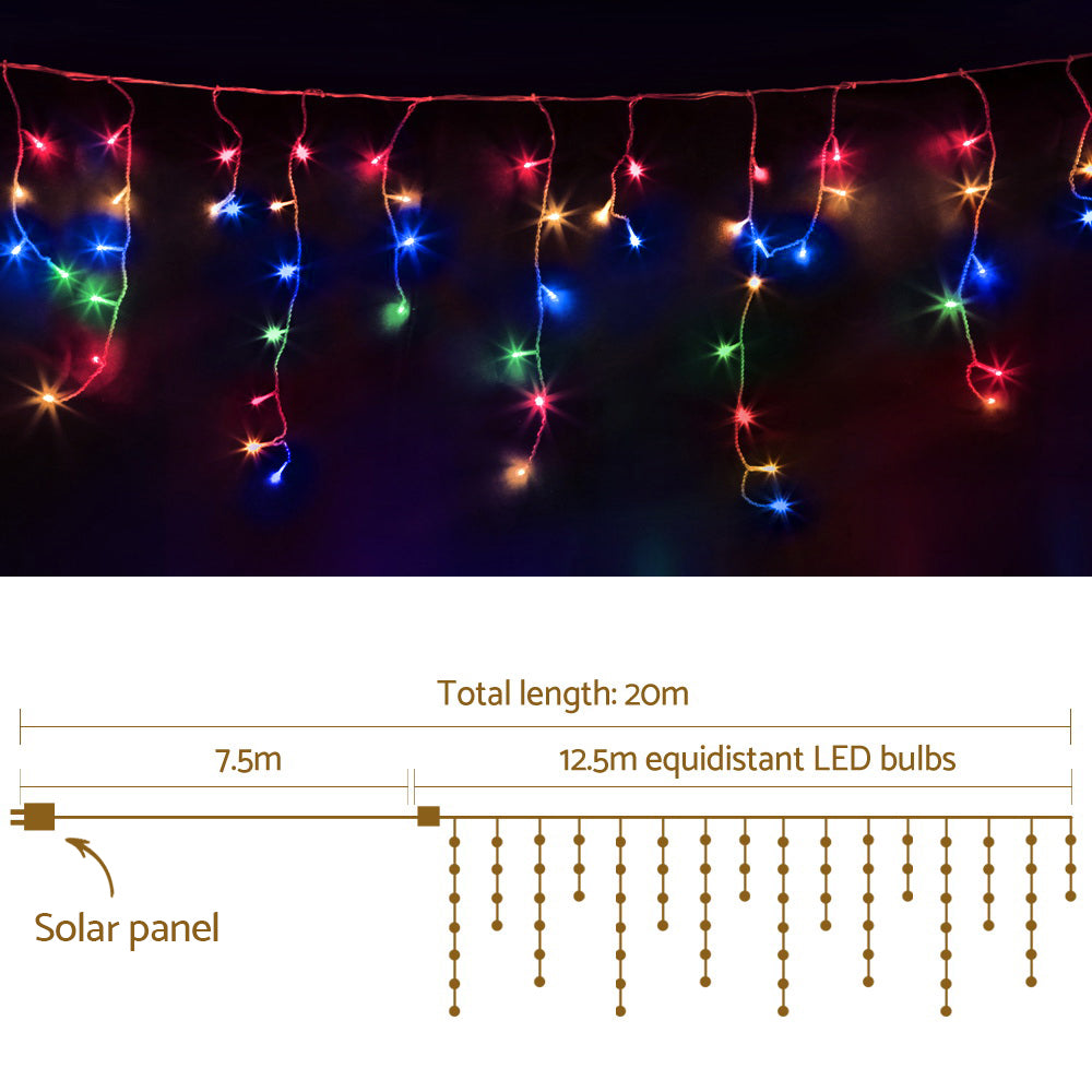 Christmas Icicle Lights 500 LED Solar Powered 20M Outdoor Fairy String - Multicolour