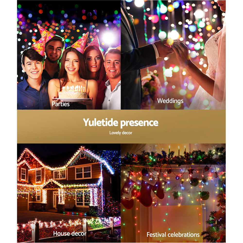Christmas Icicle Lights 500 LED Solar Powered 20M Outdoor Fairy String - Multicolour