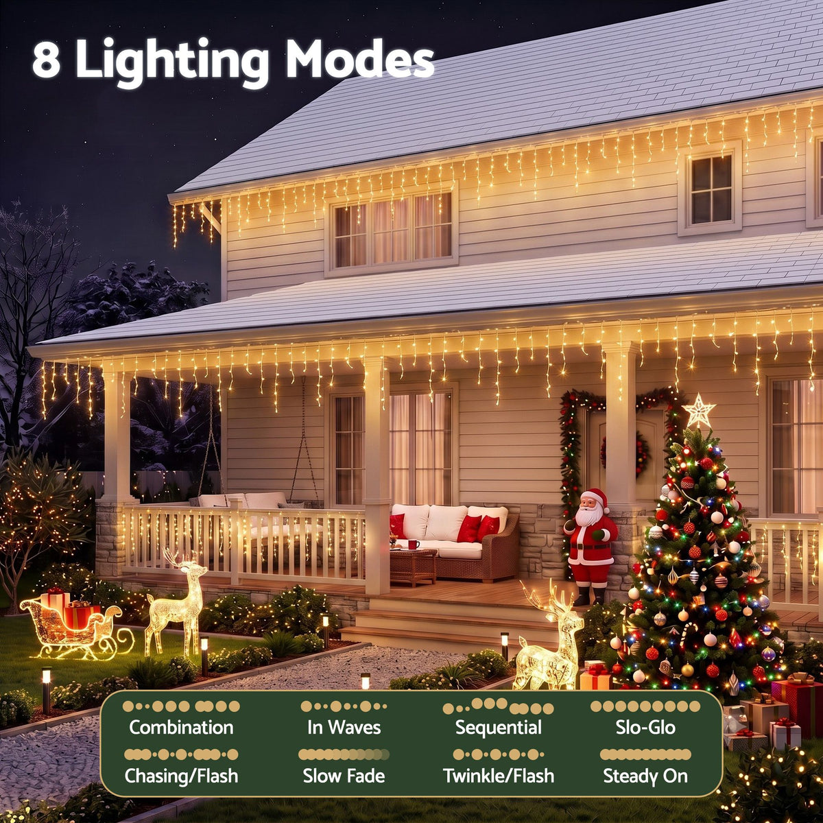 Christmas Icicle Lights 500 LED Solar Powered 20M Outdoor Fairy String - Warm White