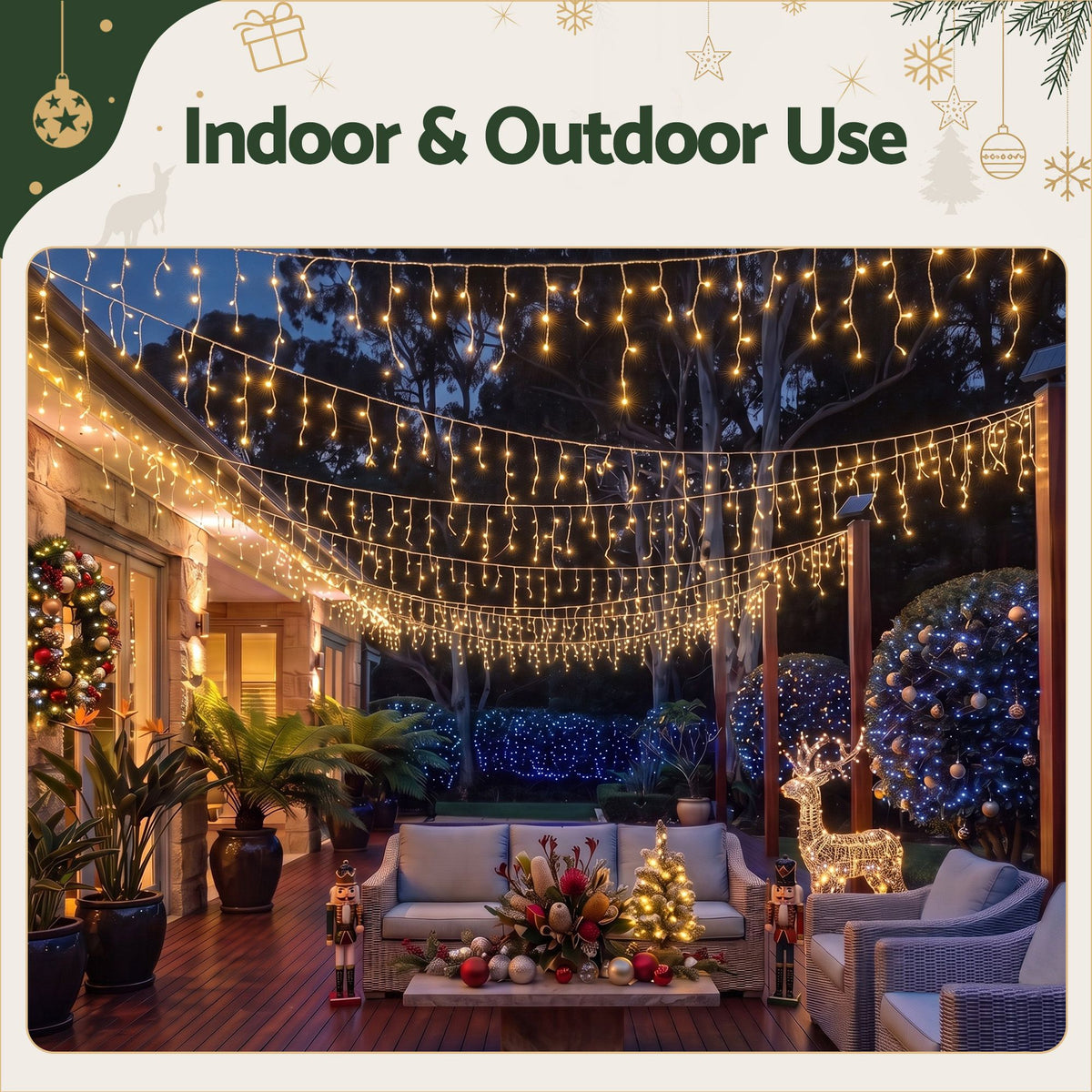 Christmas Icicle Lights 500 LED Solar Powered 20M Outdoor Fairy String - Warm White