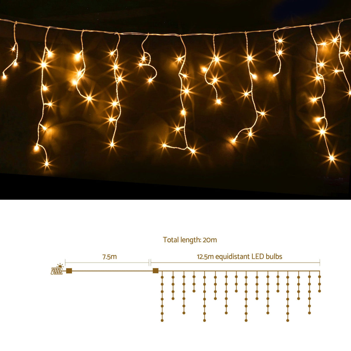 Christmas Icicle Lights 500 LED Solar Powered 20M Outdoor Fairy String - Warm White
