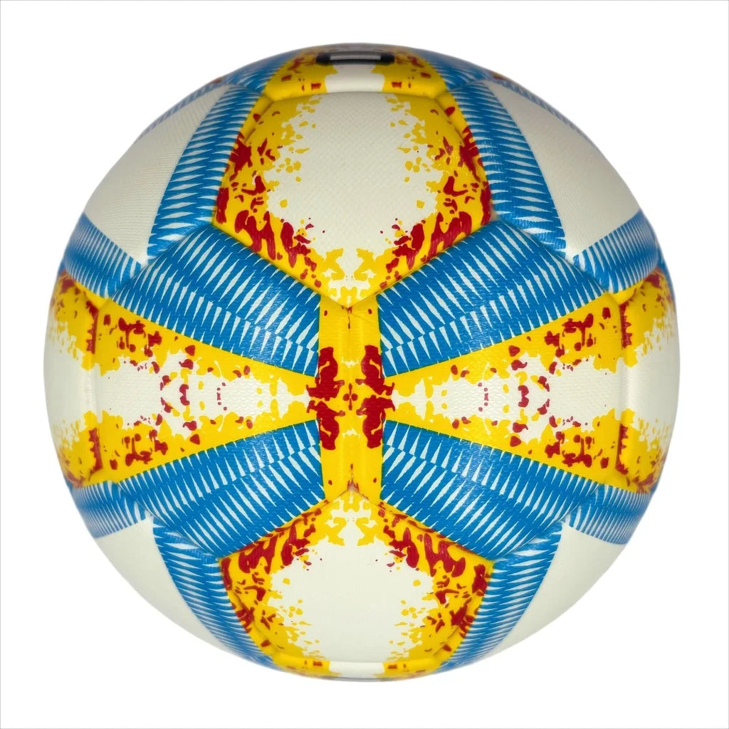 A yellow blue and red football with color matching size5 PU