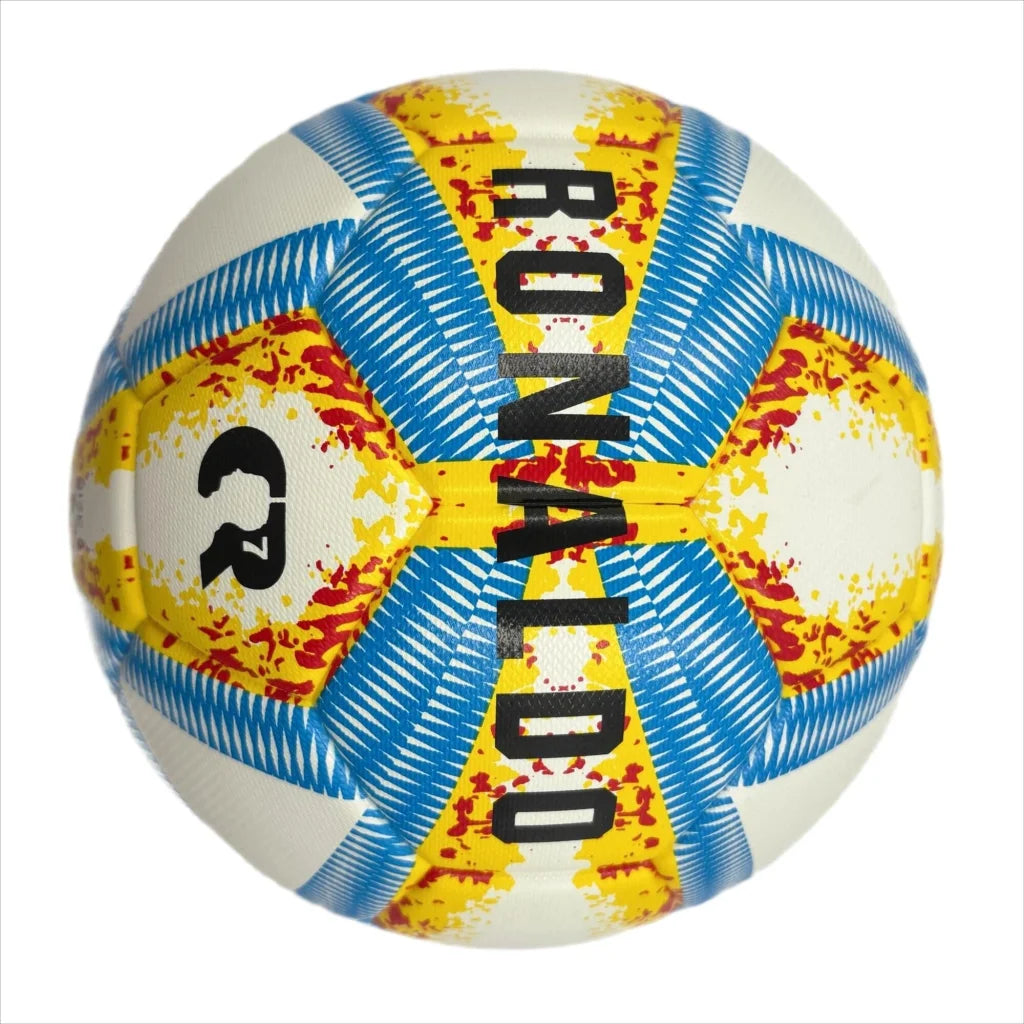 A yellow blue and red football with color matching size5 PU