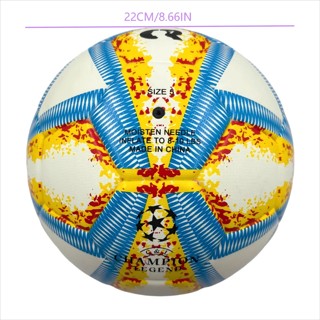 A yellow blue and red football with color matching size5 PU