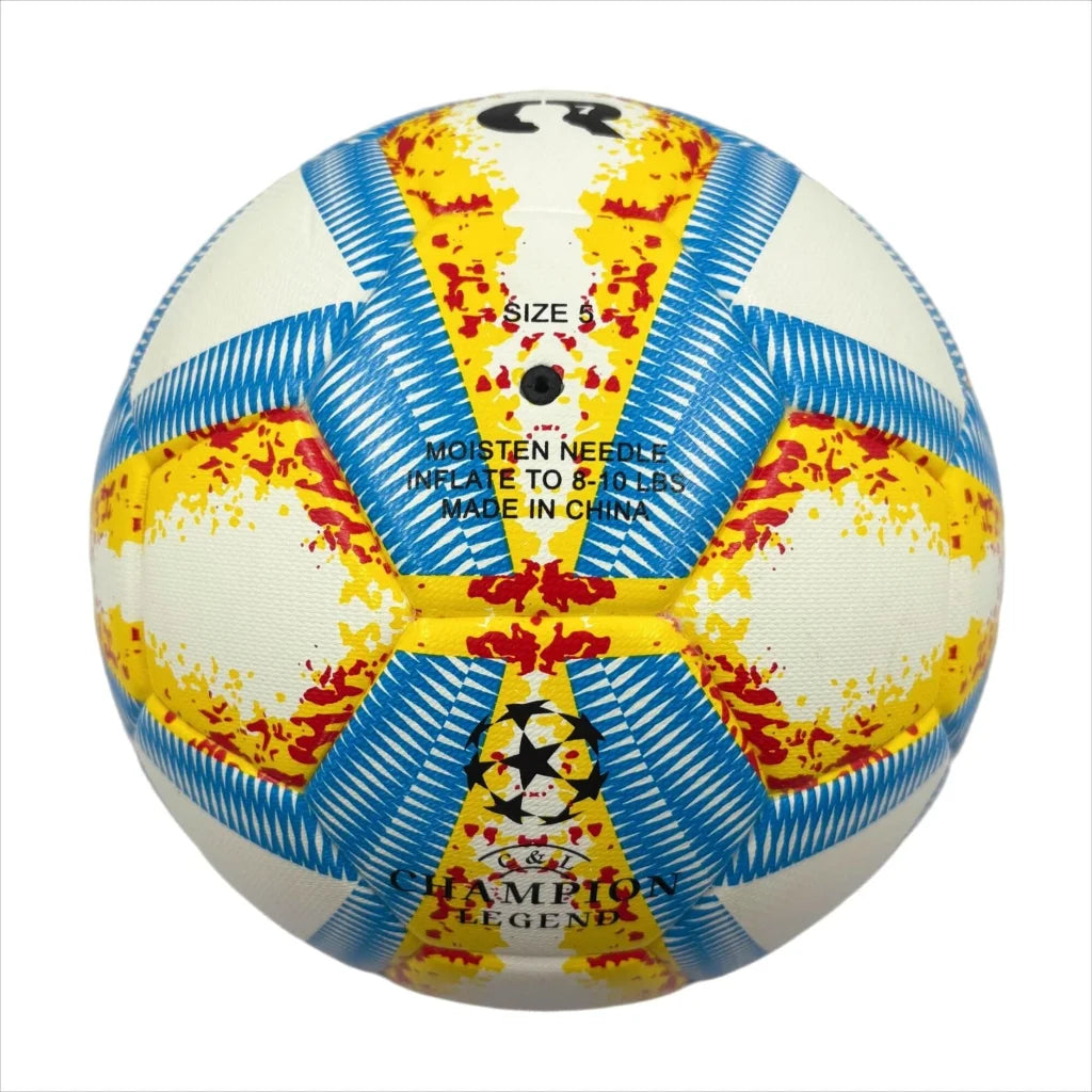 A yellow blue and red football with color matching size5 PU